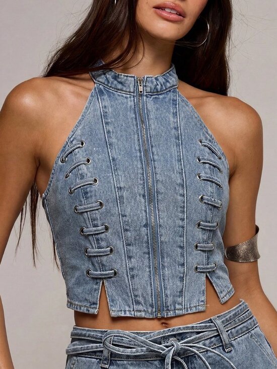 Tops - Light Wash Casual Women's High Neck Eyelet Lace Up Fitted Denim Top